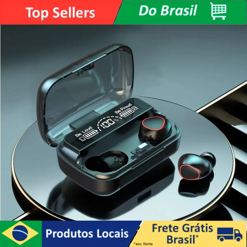 Headset Bluetooth 5.1 com Case LED Digital, à Prova d'Água, Potente, Bateria Longa, Controle por Toque