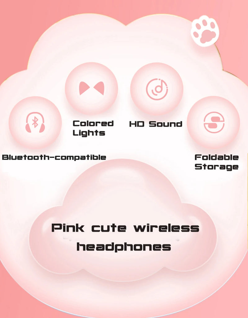Fone de Ouvido Sem Fio Bluetooth com Orelhinhas de Gato Rosa e Bonitas, Headset Estéreo Dobrável com Microfone, Presente para Meninas e Crianças.