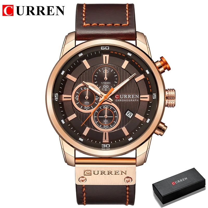 Relógio de Marca CURREN para Homens, Relógios Esportivos de Couro, Relógio de Pulso Militar Masculino Quartz com Cronógrafo, Clock Masculino Relógio Masculino