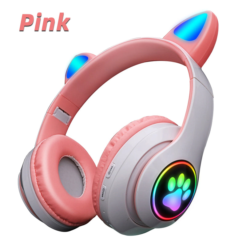 Fone de Ouvido Sem Fio Bluetooth com Orelhinhas de Gato Rosa e Bonitas, Headset Estéreo Dobrável com Microfone, Presente para Meninas e Crianças.