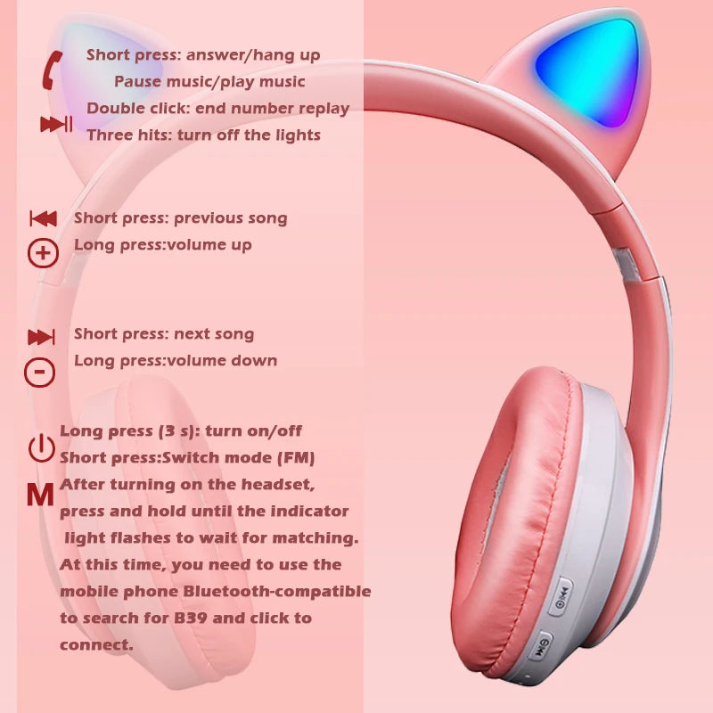 Fone de Ouvido Sem Fio Bluetooth com Orelhinhas de Gato Rosa e Bonitas, Headset Estéreo Dobrável com Microfone, Presente para Meninas e Crianças.