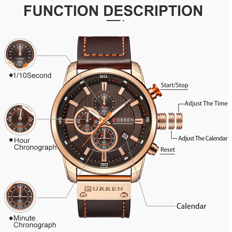 Relógio de Marca CURREN para Homens, Relógios Esportivos de Couro, Relógio de Pulso Militar Masculino Quartz com Cronógrafo, Clock Masculino Relógio Masculino