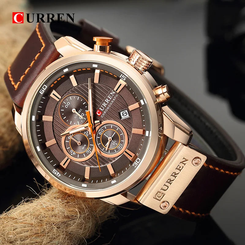 Relógio de Marca CURREN para Homens, Relógios Esportivos de Couro, Relógio de Pulso Militar Masculino Quartz com Cronógrafo, Clock Masculino Relógio Masculino