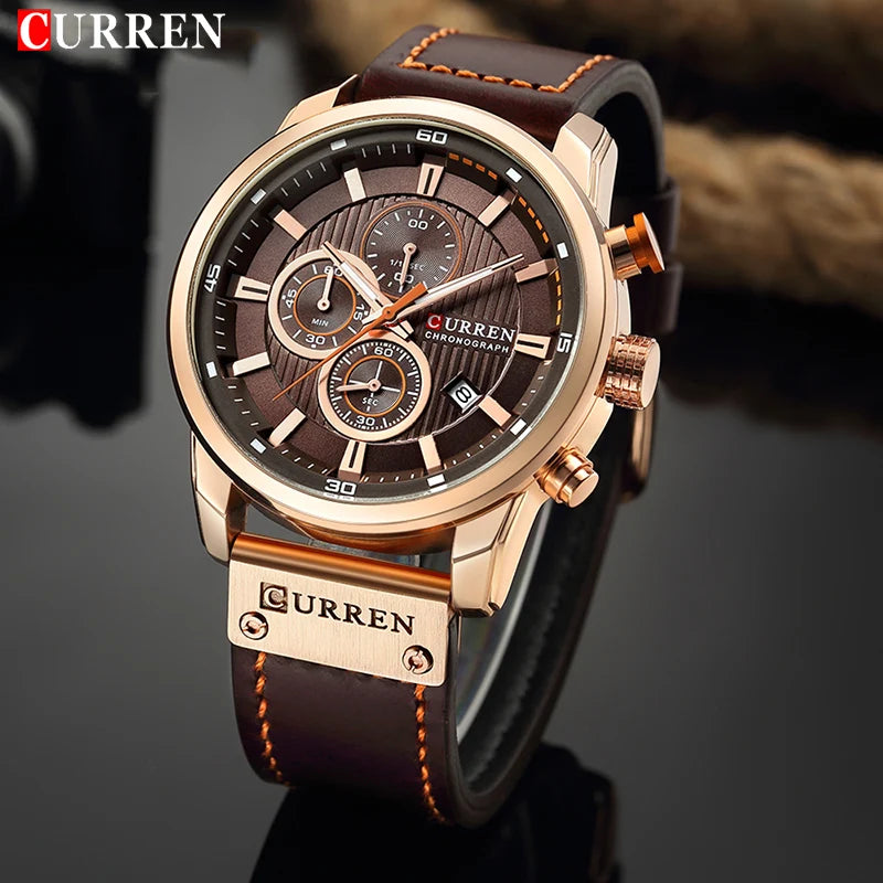Relógio de Marca CURREN para Homens, Relógios Esportivos de Couro, Relógio de Pulso Militar Masculino Quartz com Cronógrafo, Clock Masculino Relógio Masculino