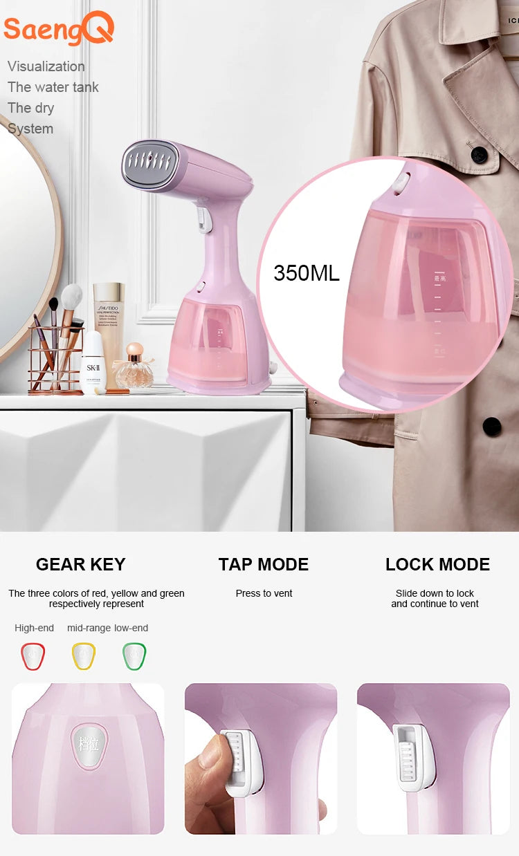 Ferro a Vapor SaengQ, Vaporizador de Roupas, Portátil, 1500W, Vertical, 350ml, Mini, Ideal para Viagens e Passar Roupas em Casa