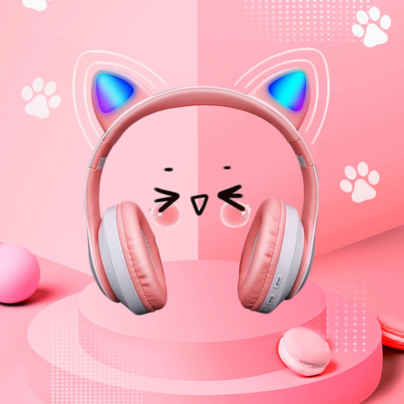 Fone de Ouvido Sem Fio Bluetooth com Orelhinhas de Gato Rosa e Bonitas, Headset Estéreo Dobrável com Microfone, Presente para Meninas e Crianças.