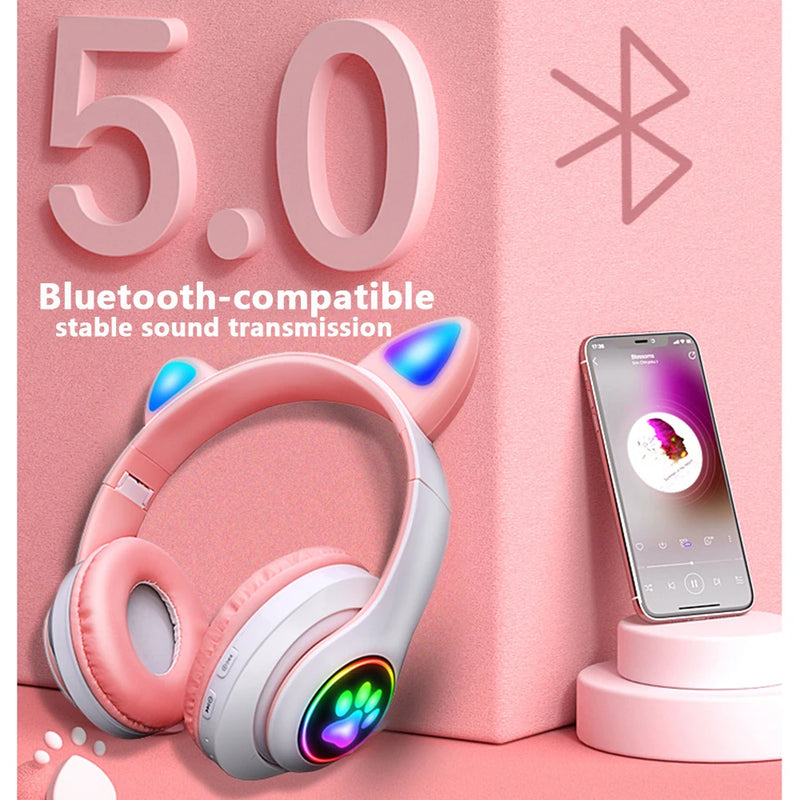 Fone de Ouvido Sem Fio Bluetooth com Orelhinhas de Gato Rosa e Bonitas, Headset Estéreo Dobrável com Microfone, Presente para Meninas e Crianças.