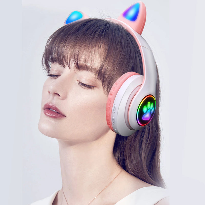 Fone de Ouvido Sem Fio Bluetooth com Orelhinhas de Gato Rosa e Bonitas, Headset Estéreo Dobrável com Microfone, Presente para Meninas e Crianças.