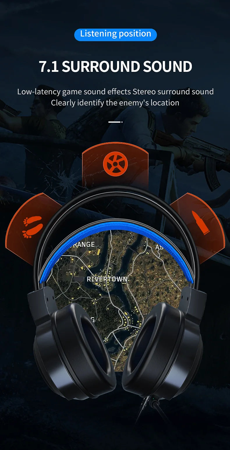 Fone de Ouvido Gamer G58 G60 7.1 Stereo SVirtual Surround com Bass e Microfone LED para Computador PC Gamer Dobrável