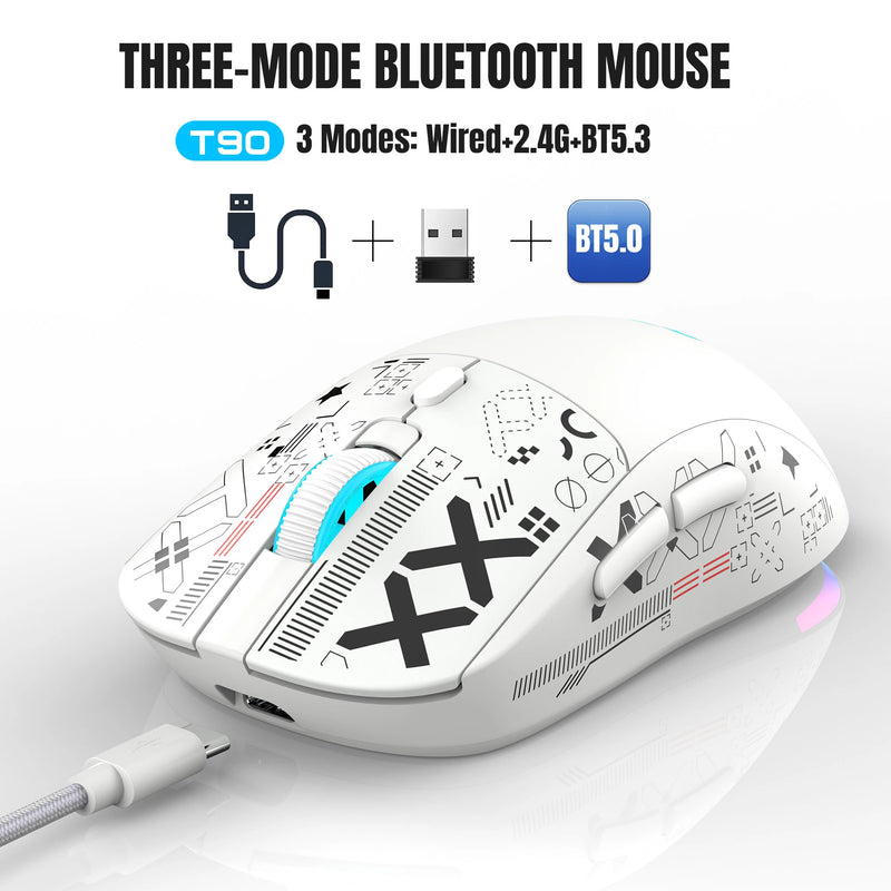 Mouse gamer sem fio HXSJ T90 2.4G com 3 modos, botões silenciosos e ergonômicos, RGB colorido com iluminação de fundo e bateria recarregável de 650mAh para laptop.