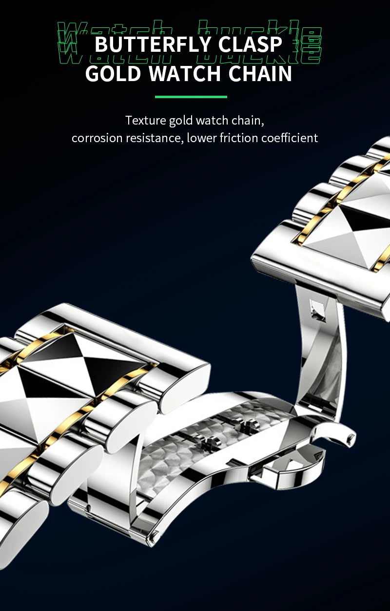 Relógio de Luxo Masculino com Diamante em Água, Brilho Noturno, Calendário Duplo, Movimento de Quartzo 41mm, Azul Dourado, Aço Inoxidável, Estilo Empresarial