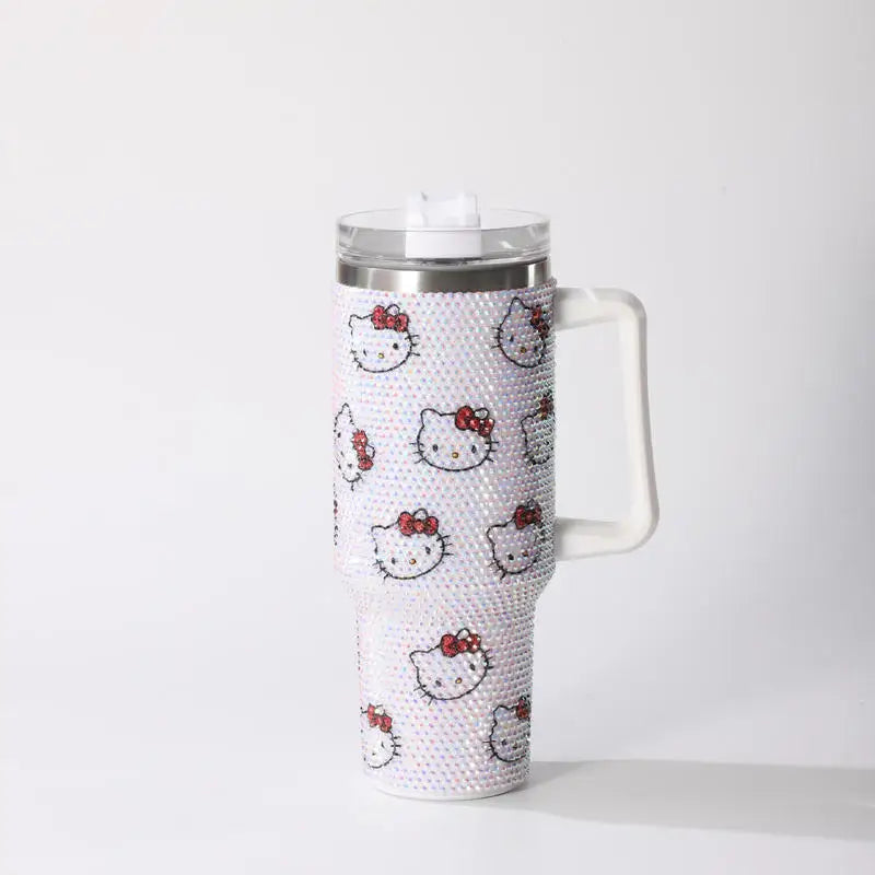 Copo a Vácuo de Aço Inoxidável Hello Kitty 40oz com Desenho de Desenho Animado, Copo Isolado com Estrass, Copo para Carro com Alça e Canudo, Grande Capacidade, Presente