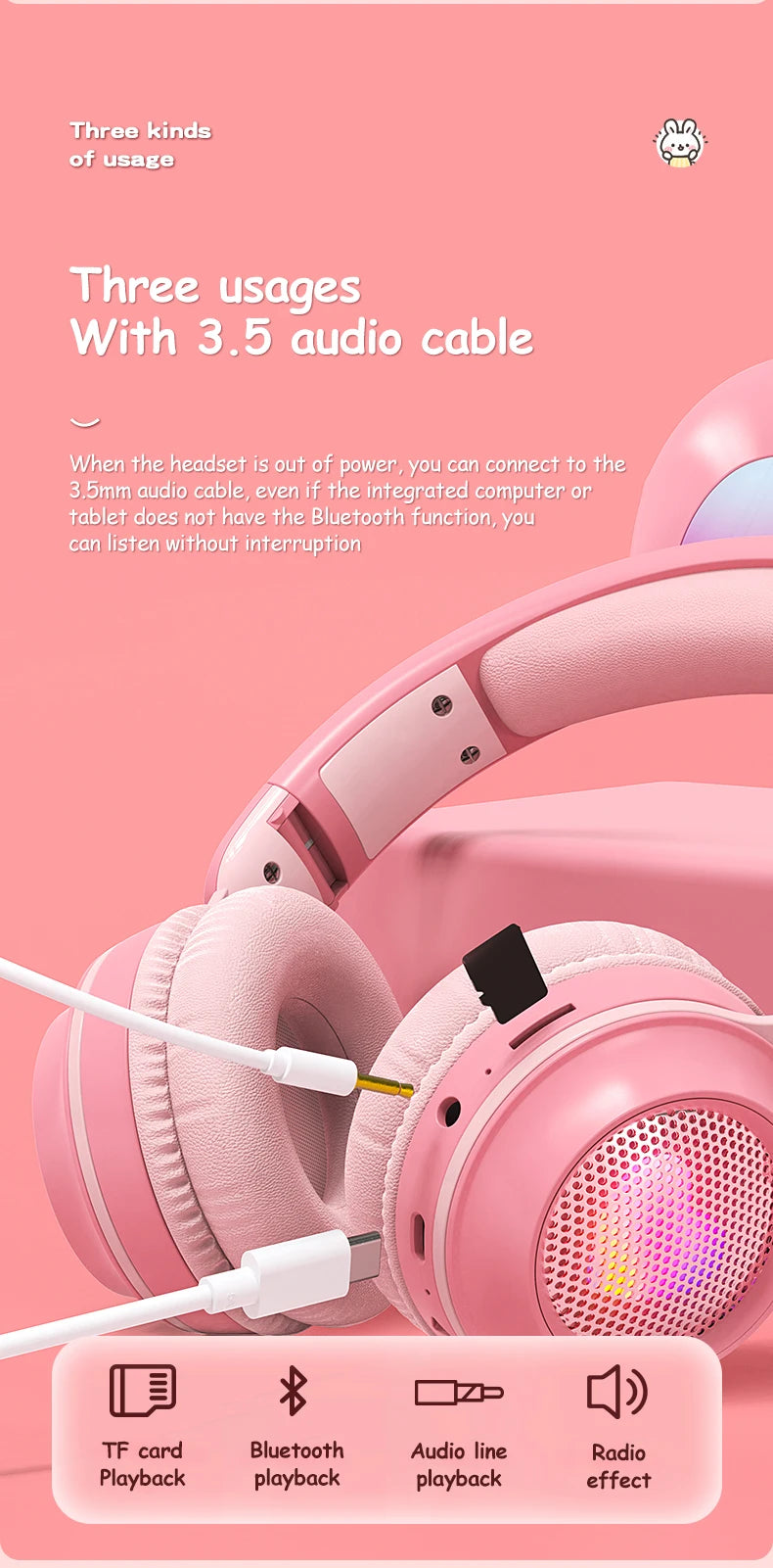 Fones de Ouvido Sem Fio Orelhas de Coelho com Microfone Fones de Ouvido Fofo para Meninas Fones de Ouvido Bluetooth para Crianças Fones de Ouvido para Jogos