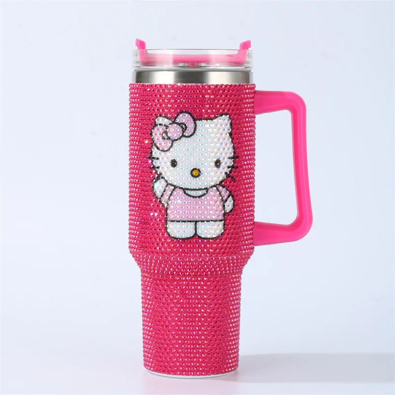 Copo a Vácuo de Aço Inoxidável Hello Kitty 40oz com Desenho de Desenho Animado, Copo Isolado com Estrass, Copo para Carro com Alça e Canudo, Grande Capacidade, Presente
