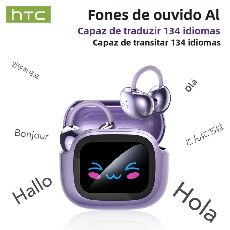 Fones de ouvido Bluetooth HTC NE32 V6.0 AI com tela sensível ao toque LCD, clipe para orelha OWS, fones de ouvido sem fio, tradutor, fones de ouvido com redução de ruído para chamadas