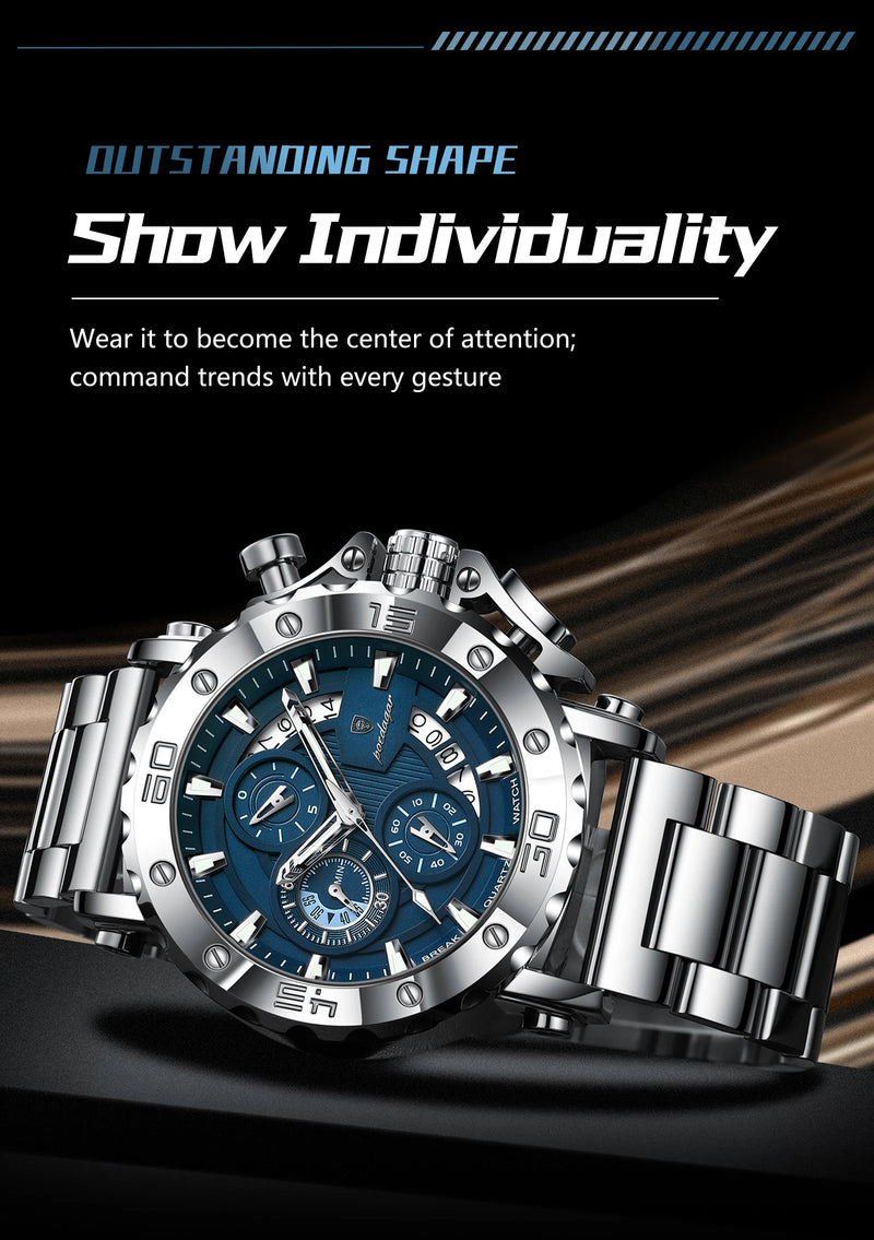 Relógio de Luxo POEDAGAR para Homens com Calendário Luminosa à Prova d'Água Relógio Masculino Cronógrafo em Aço Inoxidável Relógios de Quartzo Masculinos Reloj