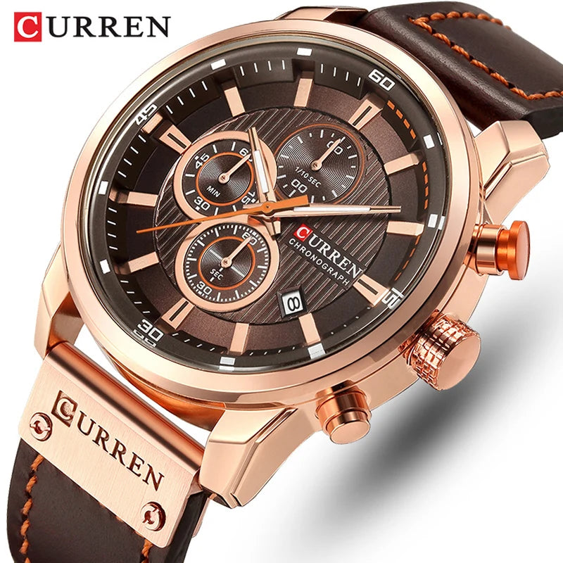Relógio de Marca CURREN para Homens, Relógios Esportivos de Couro, Relógio de Pulso Militar Masculino Quartz com Cronógrafo, Clock Masculino Relógio Masculino