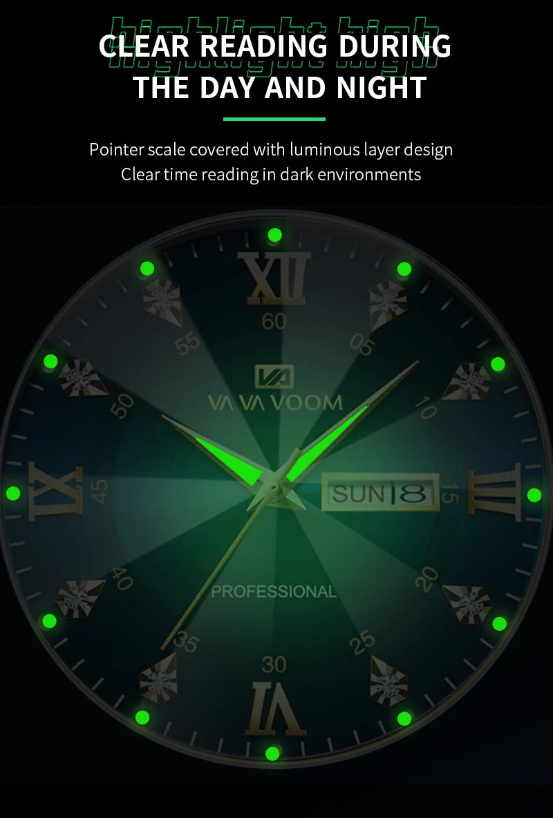 Relógio de Luxo Masculino com Diamante em Água, Brilho Noturno, Calendário Duplo, Movimento de Quartzo 41mm, Azul Dourado, Aço Inoxidável, Estilo Empresarial