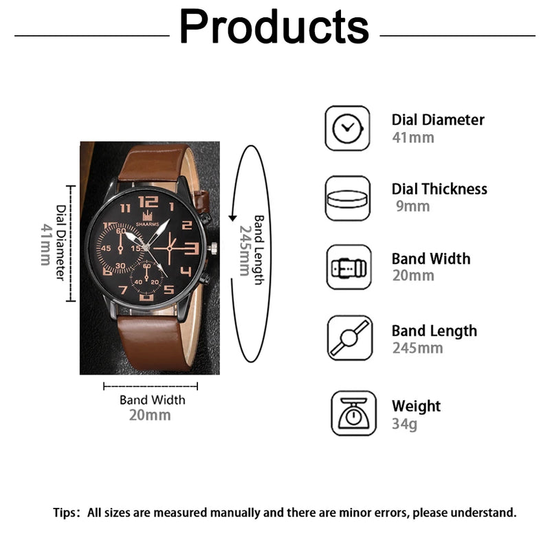 Conjunto com 5 Peças de Relógios de Pulso Masculinos Esportivos de Moda para Homens, Relógio de Pulso Quartz Retrô com Mostrador Grande, Relógio Casual Clássico Masculino com Pulseira de Couro Marrom