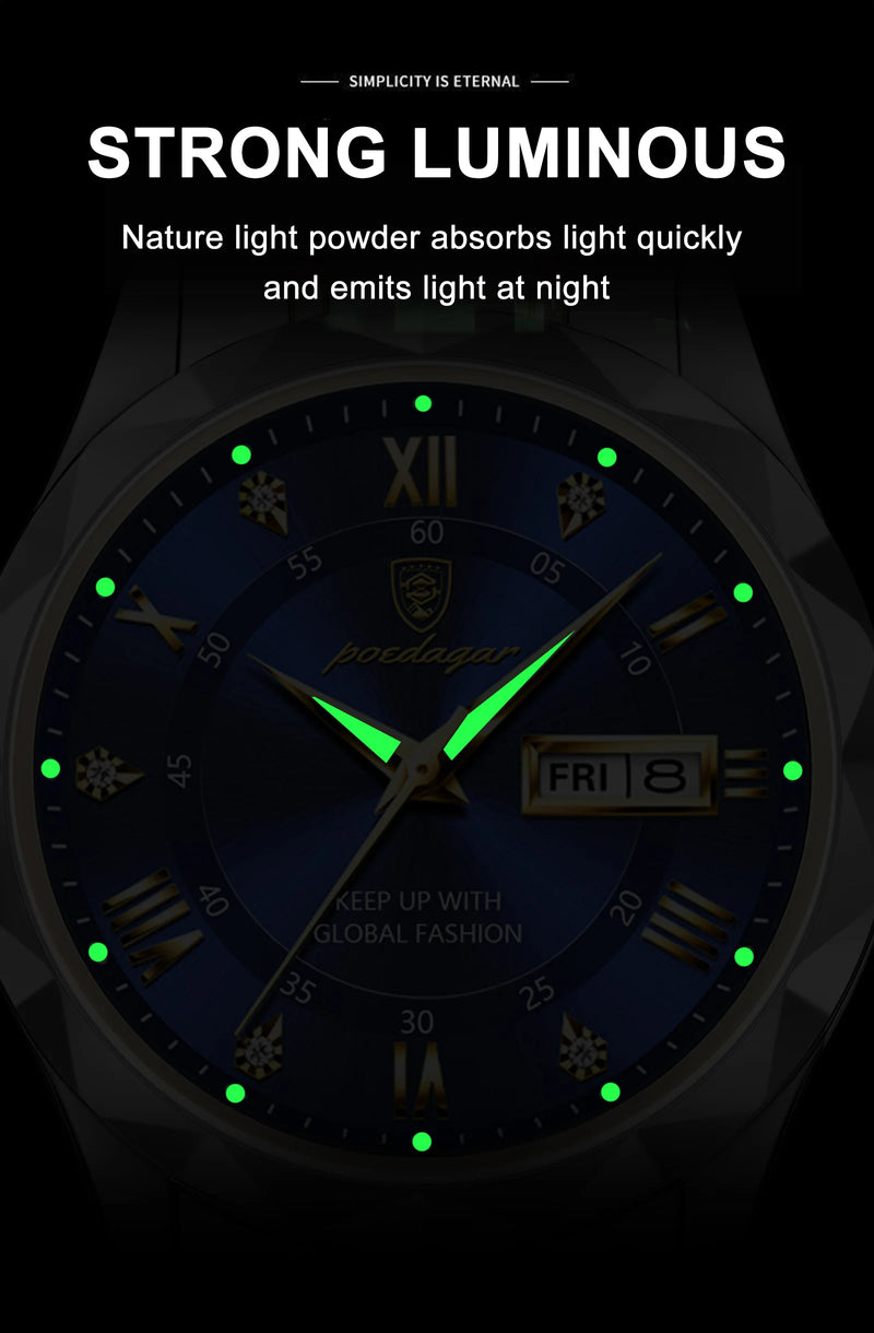 Relógio Masculino de Luxo POEDAGAR à Prova d'Água, em Aço Inoxidável, Luminoso, com Data e Semana, Relógio Esportivo Masculino Quartz Reloj