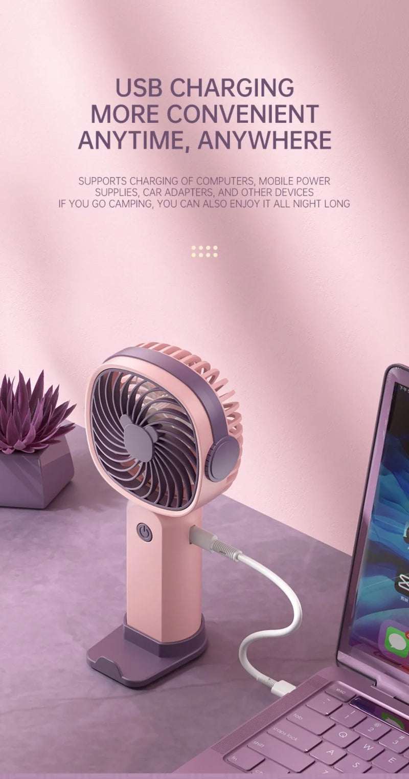 Ventilador Mini Portátil USB para Uso Externo, Ventilador de Mão com Suporte para Telefone de Mesa, 3 Ajustes de Ventos, Longa Vida Útil, Ventilador Mini Multifuncional