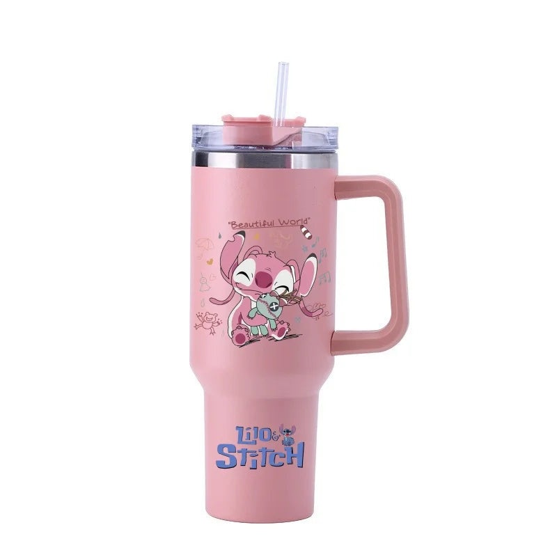 Copa Térmica de Café Lilo & Stitch com Canudo, Copo Térmico de Aço Inoxidável Isolado a Vácuo de 40oz para Bebidas Geladas, Copo de Viagem para Uso Externo