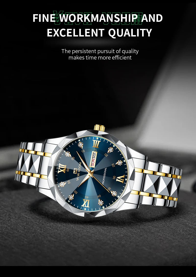 Relógio de Luxo Masculino com Diamante em Água, Brilho Noturno, Calendário Duplo, Movimento de Quartzo 41mm, Azul Dourado, Aço Inoxidável, Estilo Empresarial