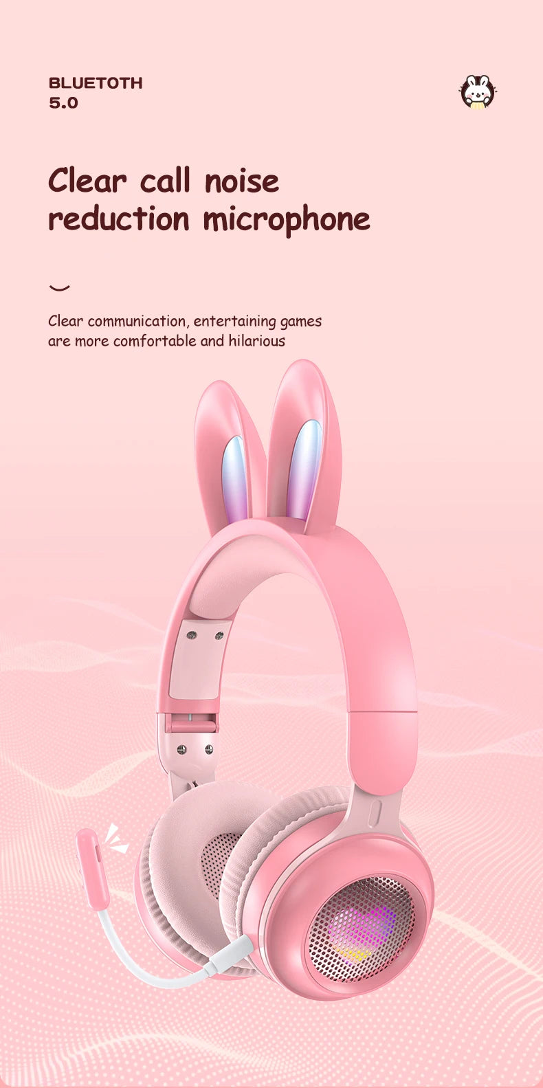 Fones de Ouvido Sem Fio Orelhas de Coelho com Microfone Fones de Ouvido Fofo para Meninas Fones de Ouvido Bluetooth para Crianças Fones de Ouvido para Jogos