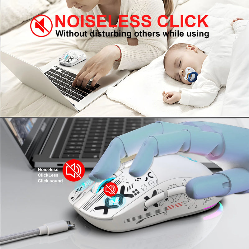 Mouse gamer sem fio HXSJ T90 2.4G com 3 modos, botões silenciosos e ergonômicos, RGB colorido com iluminação de fundo e bateria recarregável de 650mAh para laptop.