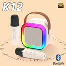 Máquina de karaokê K12 com 1/2 microfones sem fio, sistema de alto-falante portátil 5.3 PA Bluetooth com luzes RGB, áudio para casa KTV, presente para crianças