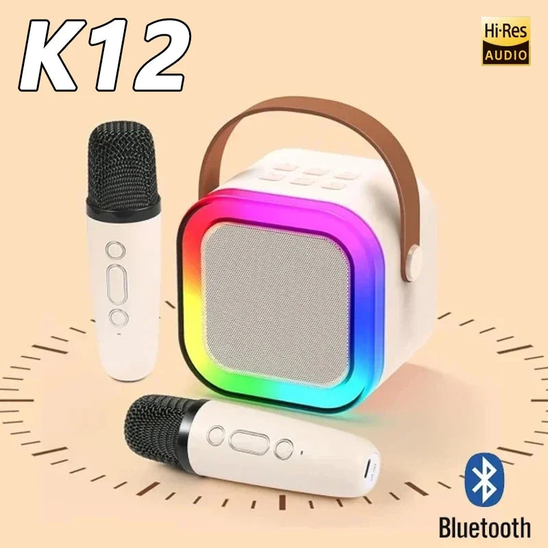 Máquina de karaokê K12 com 1/2 microfones sem fio, sistema de alto-falante portátil 5.3 PA Bluetooth com luzes RGB, áudio para casa KTV, presente para crianças