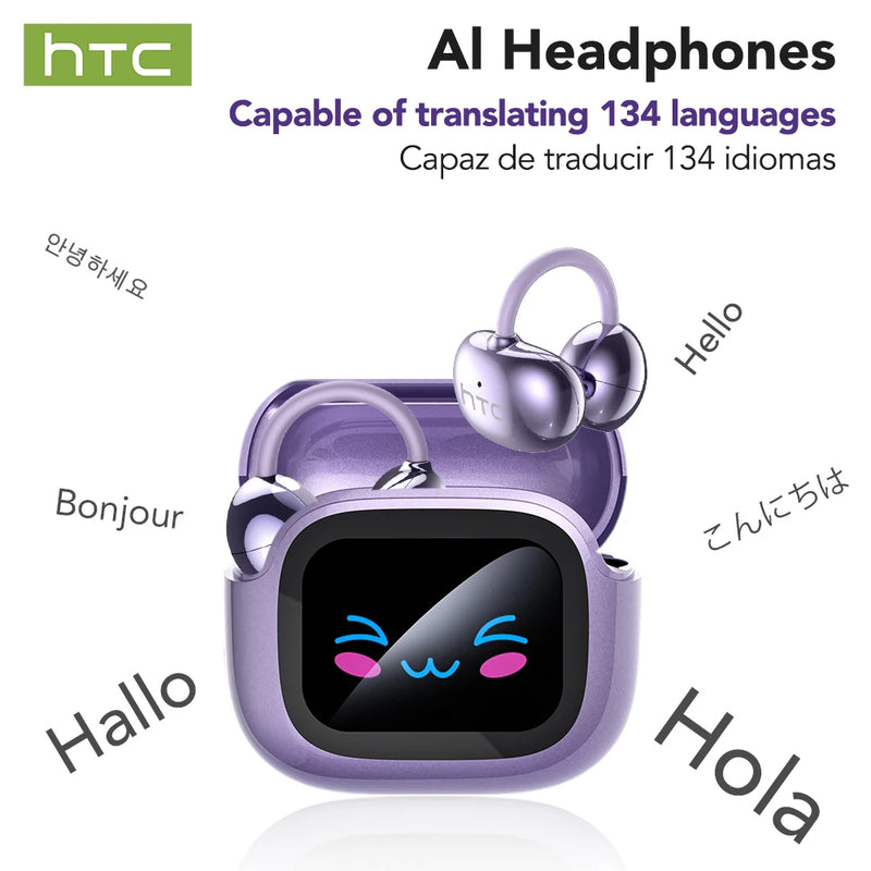Fones de ouvido Bluetooth HTC NE32 V6.0 AI com tela sensível ao toque LCD, clipe para orelha OWS, fones de ouvido sem fio, tradutor, fones de ouvido com redução de ruído para chamadas