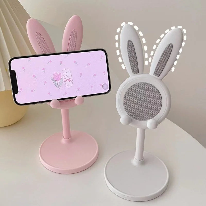 Suporte de celular de mesa em formato de coelho é fofo e pode levantar e ajustar os acessórios de telefone para mesa, como suporte e pegador para celular.