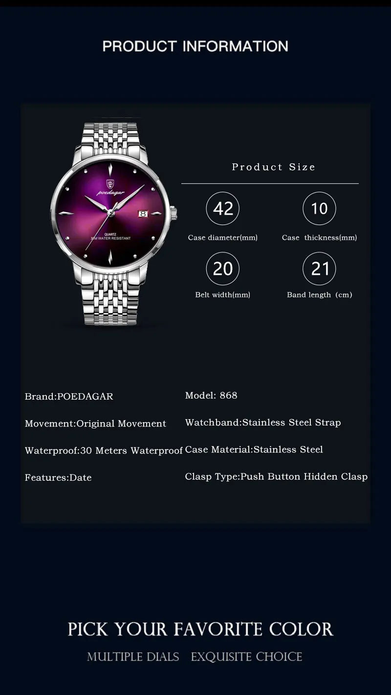 Relógio Masculino Esportivo de Luxo POEDAGAR à Prova D'Água Luminosa de Aço Inoxidável com Data para Homens, Relógio de Quartzo para Negócios