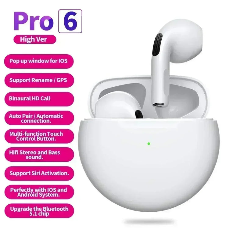 Novos Fones de Ouvido Sem Fio Pro 6 TWS com Microfone Fone Bluetooth Auriculares para Corrida Esportiva para Apple iPhone Xiaomi Pro6 Fones de Ouvido