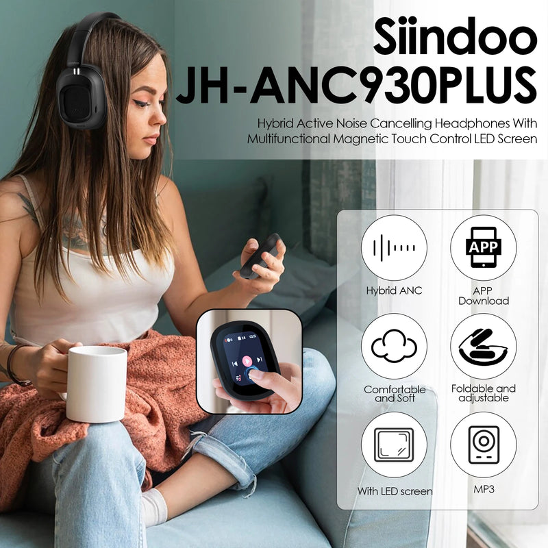 Fone de Ouvido Sem Fio Híbrido Siindoo JH-ANC930Plus, Fones de Ouvido com Cancelamento Ativo de Ruído com Tela LED de Controle Táctil Magnético Múltiplo