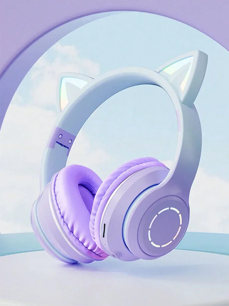 Fones de Ouvido Bluetooth com Luz de Gato Fofinho, Fones de Ouvido Sem Fio com Microfone HD, Música Estéreo HiFi, Headset Gamer, presente para crianças