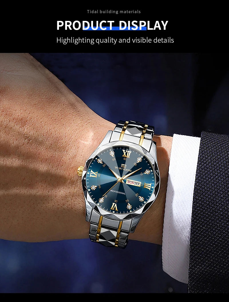 Relógio de Luxo Masculino com Diamante em Água, Brilho Noturno, Calendário Duplo, Movimento de Quartzo 41mm, Azul Dourado, Aço Inoxidável, Estilo Empresarial