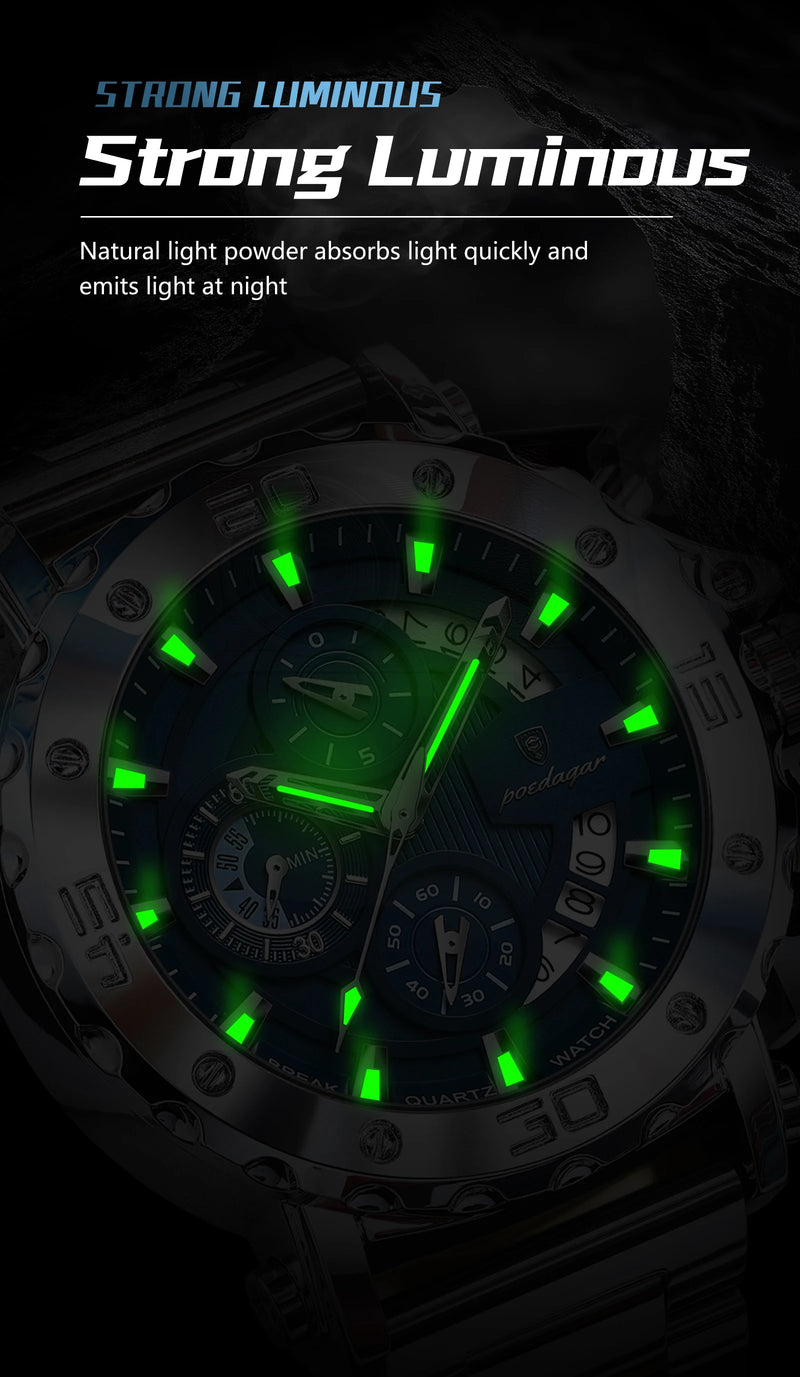 Relógio de Luxo POEDAGAR para Homens com Calendário Luminosa à Prova d'Água Relógio Masculino Cronógrafo em Aço Inoxidável Relógios de Quartzo Masculinos Reloj