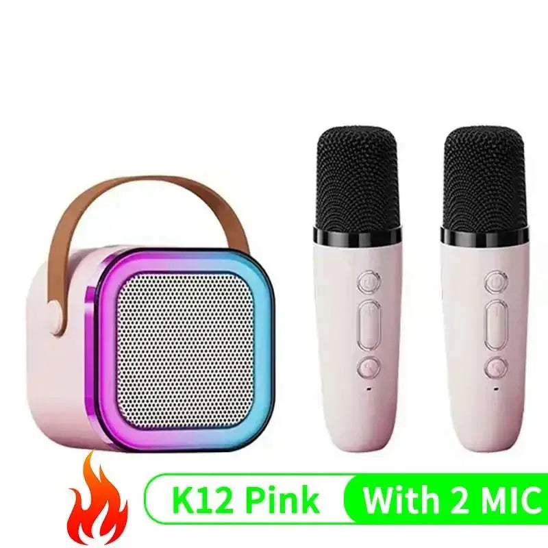 Máquina de karaokê K12 com 1/2 microfones sem fio, sistema de alto-falante portátil 5.3 PA Bluetooth com luzes RGB, áudio para casa KTV, presente para crianças