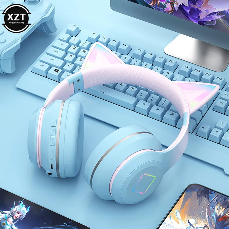 Mais novo fone de ouvido sem fio com orelhinhas de gato, lanterna LED, microfone, estéreo para meninas, capacete dobrável, headset Bluetooth, presente.
