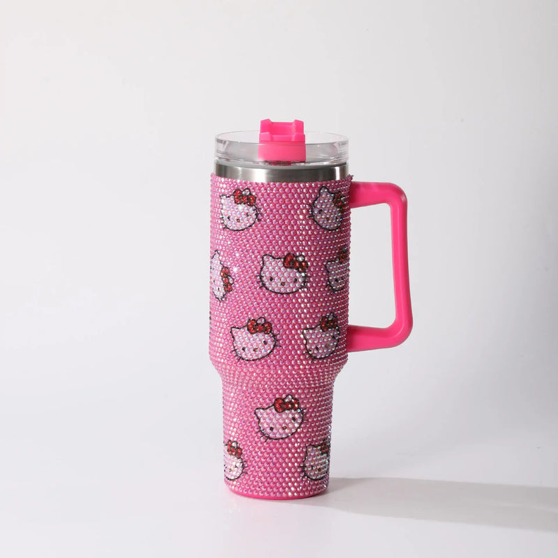 Copo a Vácuo de Aço Inoxidável Hello Kitty 40oz com Desenho de Desenho Animado, Copo Isolado com Estrass, Copo para Carro com Alça e Canudo, Grande Capacidade, Presente