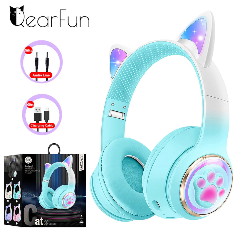 Fones de Ouvido Sem Fio RGB com Orelhas de Gato para PC, Bonito Fone de Ouvido Bluetooth em Forma de Cápsula Espacial 3D, Fone de Ouvido Gamer Dobrável para Presentes de Crianças e Meninas