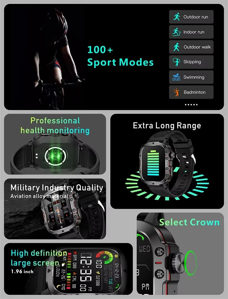 Relógio Inteligente Militar Rugged LAXASFIT 2025 - Relógio Masculino para Atividades ao Ar Livre com Tela Touch HD de 2.01" e Chamada por Voz via Bluetooth