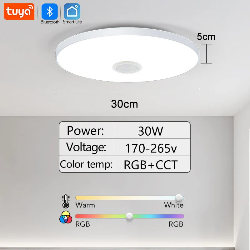 Luz de Teto LED RGB Inteligente com Alto-falante 30W 36W Reproduz áudio musical APP TUYA Bluetooth WIFI Decoração de Casa Quarto Sala de Estar