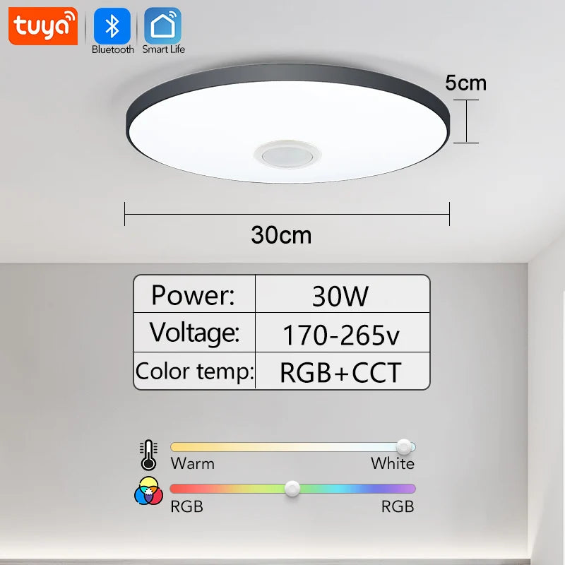 Luz de Teto LED RGB Inteligente com Alto-falante 30W 36W Reproduz áudio musical APP TUYA Bluetooth WIFI Decoração de Casa Quarto Sala de Estar