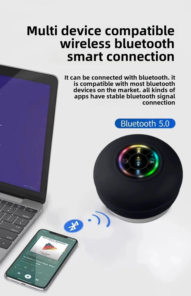 Mini Alto-Falante Portátil MINGCVIL Bluetooth à Prova d'Água IPX4 com Luzes LED para Banheiro e Área Externa, com Ventosa Grande que Pode Ser Fixada na Parede