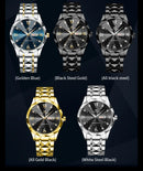 Relógio de Luxo Masculino com Diamante em Água, Brilho Noturno, Calendário Duplo, Movimento de Quartzo 41mm, Azul Dourado, Aço Inoxidável, Estilo Empresarial