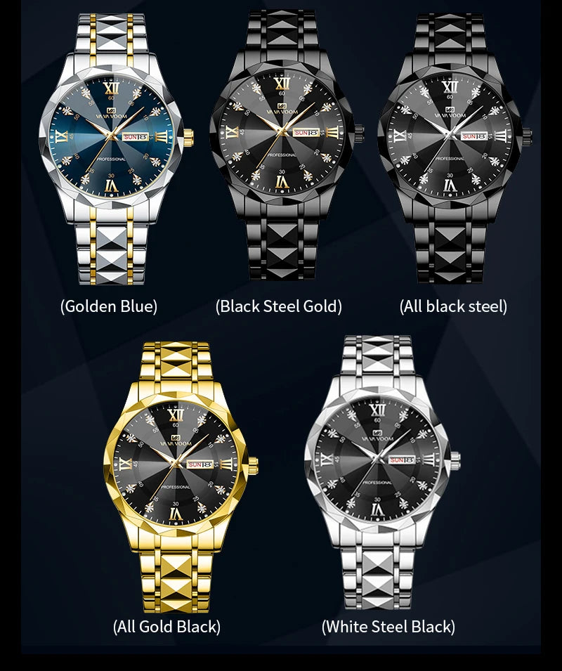 Relógio de Luxo Masculino com Diamante em Água, Brilho Noturno, Calendário Duplo, Movimento de Quartzo 41mm, Azul Dourado, Aço Inoxidável, Estilo Empresarial