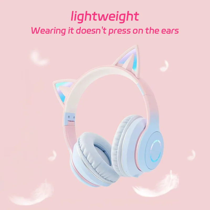 Fones de Ouvido Bluetooth com Luz de Gato Fofinho, Fones de Ouvido Sem Fio com Microfone HD, Música Estéreo HiFi, Headset Gamer, presente para crianças